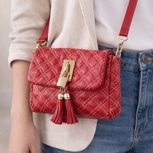 Red Quilted Leather Crossbody Bag Gold Lock Tassel Strap